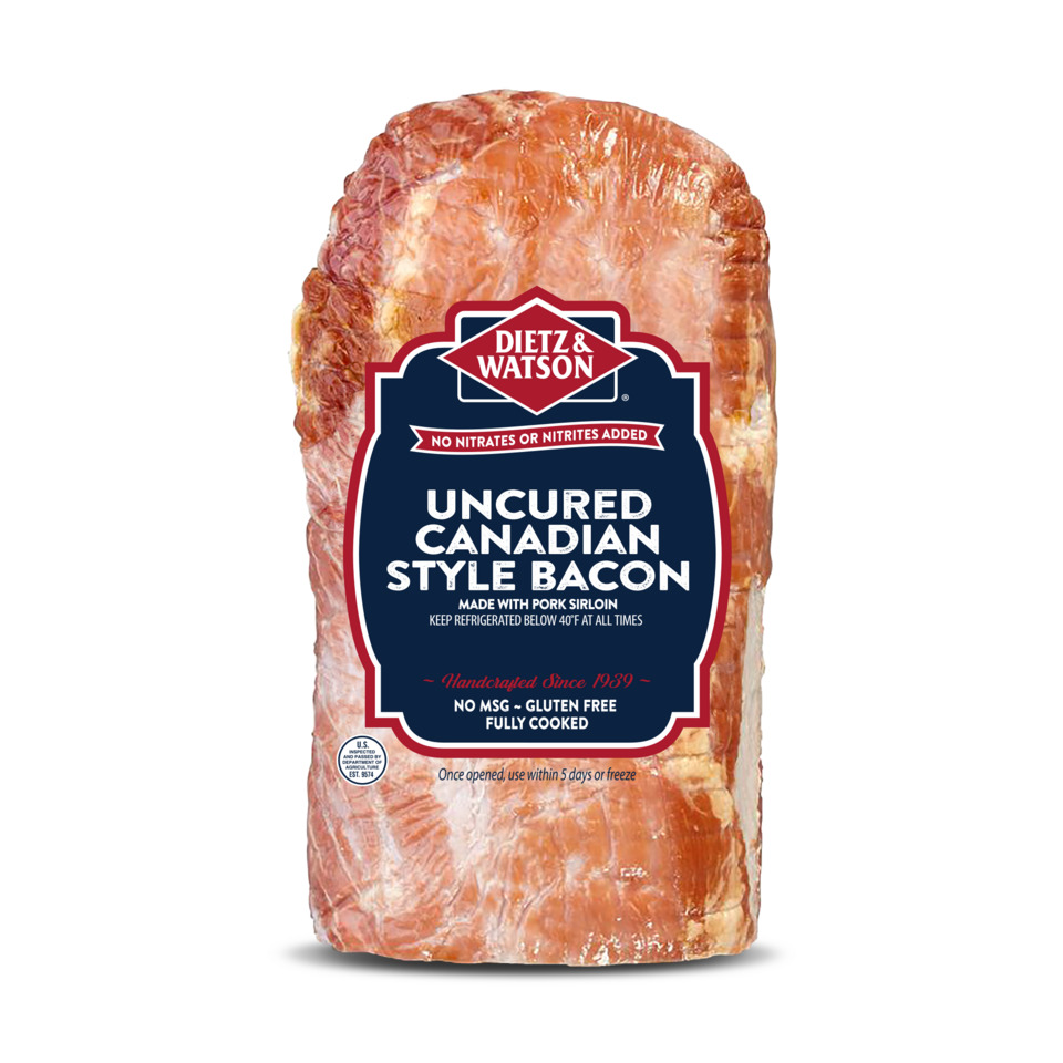 Dietz & Watson Bacon, with Natural Juices, Lean, Canadian Style, Classic, Gluten Free, Shrink Wrapped